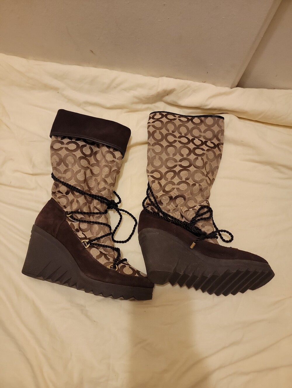 Coach Brown Signature Canvas and Dark Brown Wedge Lace-Up Boots